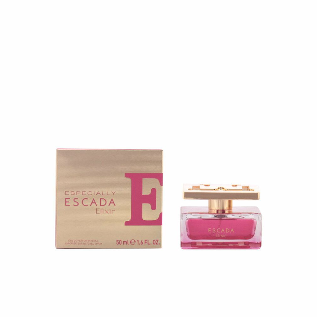 Parfümflakon und Schachtel. Flakon mit rosa Flüssigkeit, goldener Verschluss. Schachtel mit Aufschrift ESCADA Elixir.