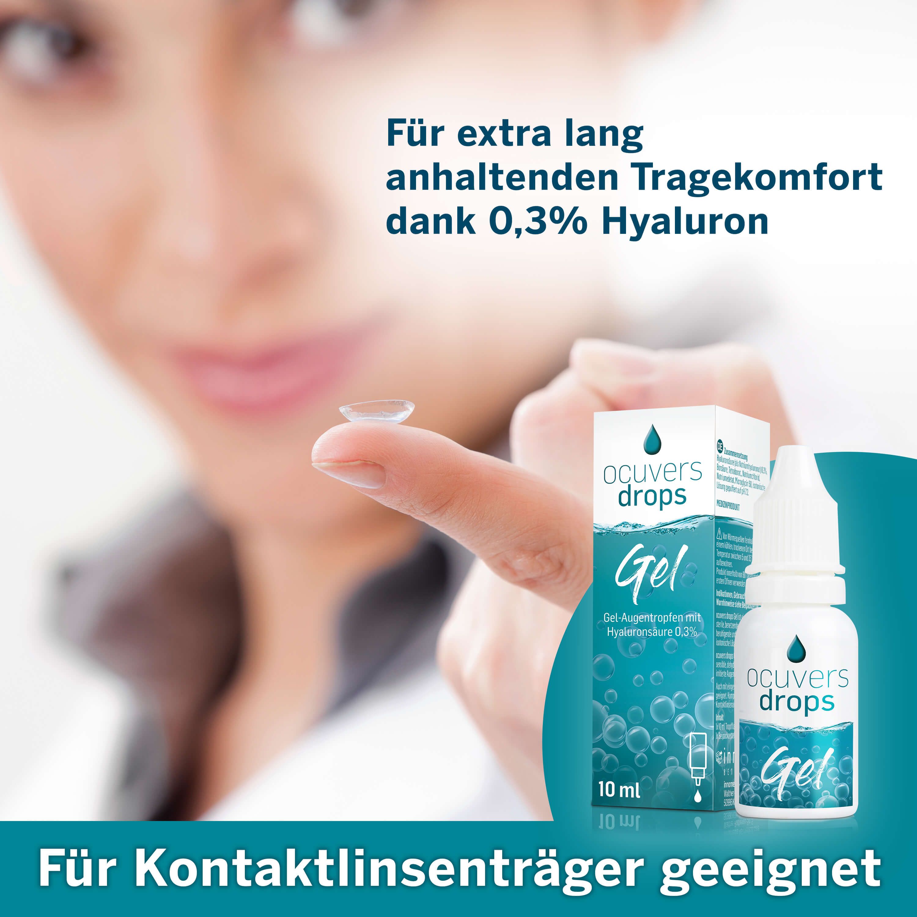 Frau hält Kontaktlinse, daneben Produktflasche und Verpackung. Text: Für Kontaktlinsenträger geeignet, 0,3% Hyaluron.