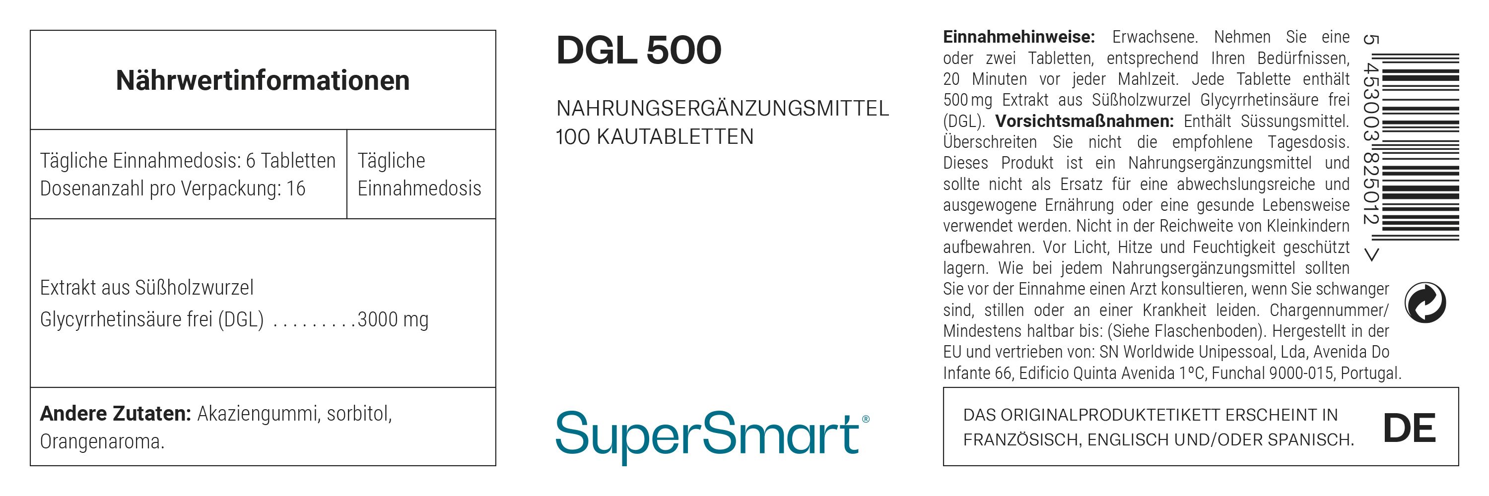 DGL 500, 100 Kautabletten. Nahrungsergänzungsmittel mit degycyrrhizinierter Süßholzwurzel. SuperSmart-Marke. Nährwertangaben.
