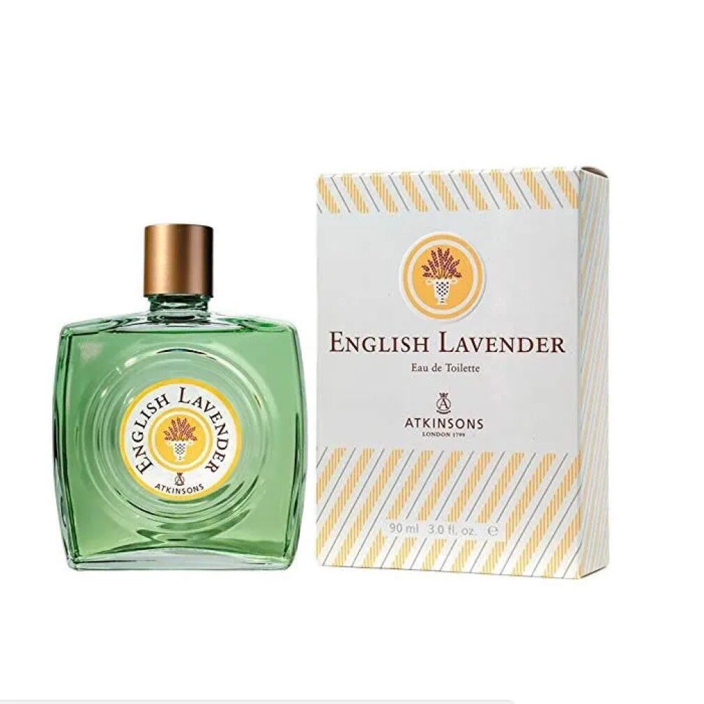 Flakon und Schachtel English Lavender. Flakon quadratisch, hellgrün, goldfarbener Verschluss. Schachtel weiß-gelb gestreift.