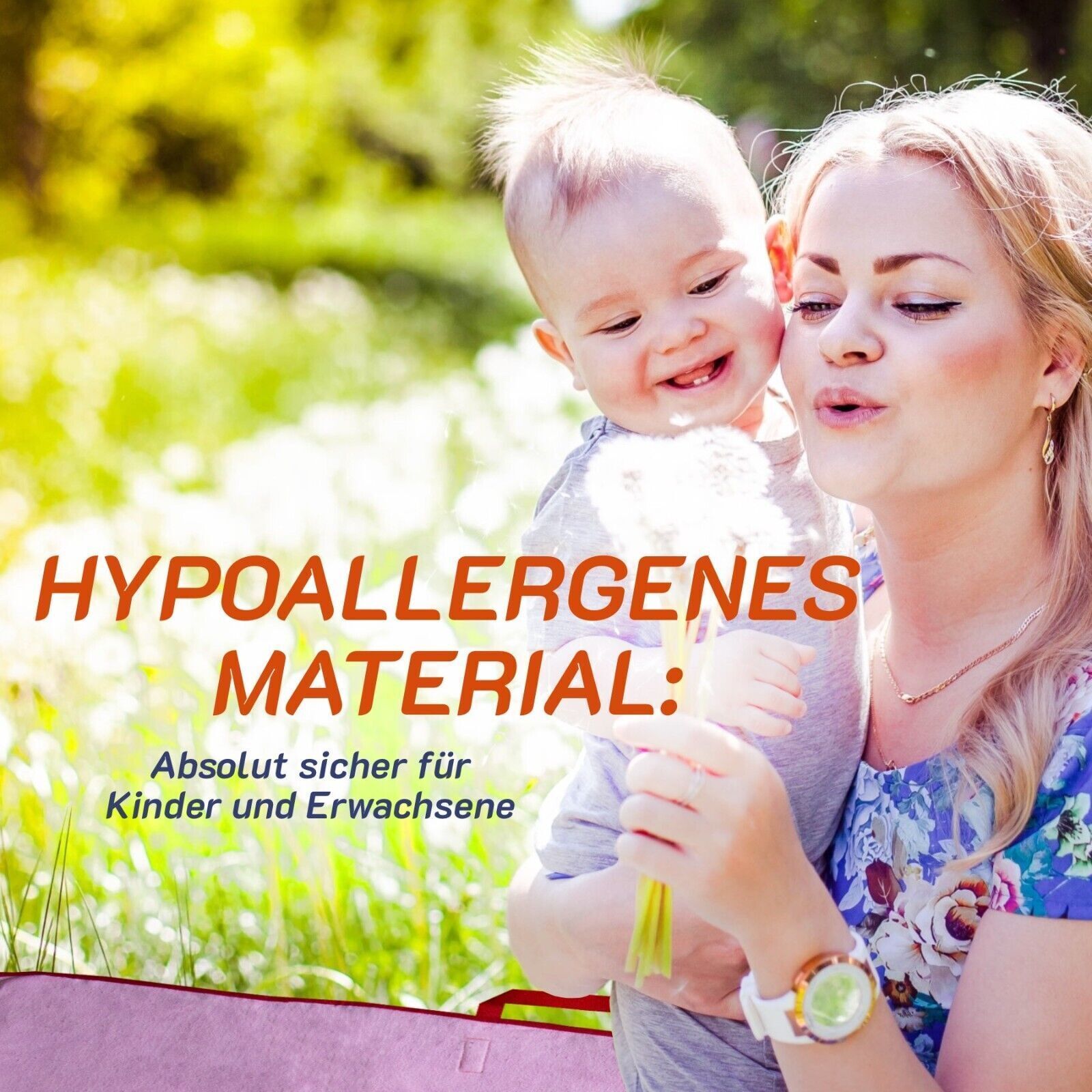 Mutter und Kind im Freien. Text: Hypoallergenes Material: Absolut sicher für Kinder und Erwachsene.