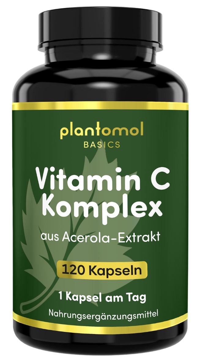 Braune Flasche mit grünem Etikett. Enthält Vitamin C Komplex aus Acerola-Extrakt. 120 Kapseln. 1 Kapsel pro Tag.
