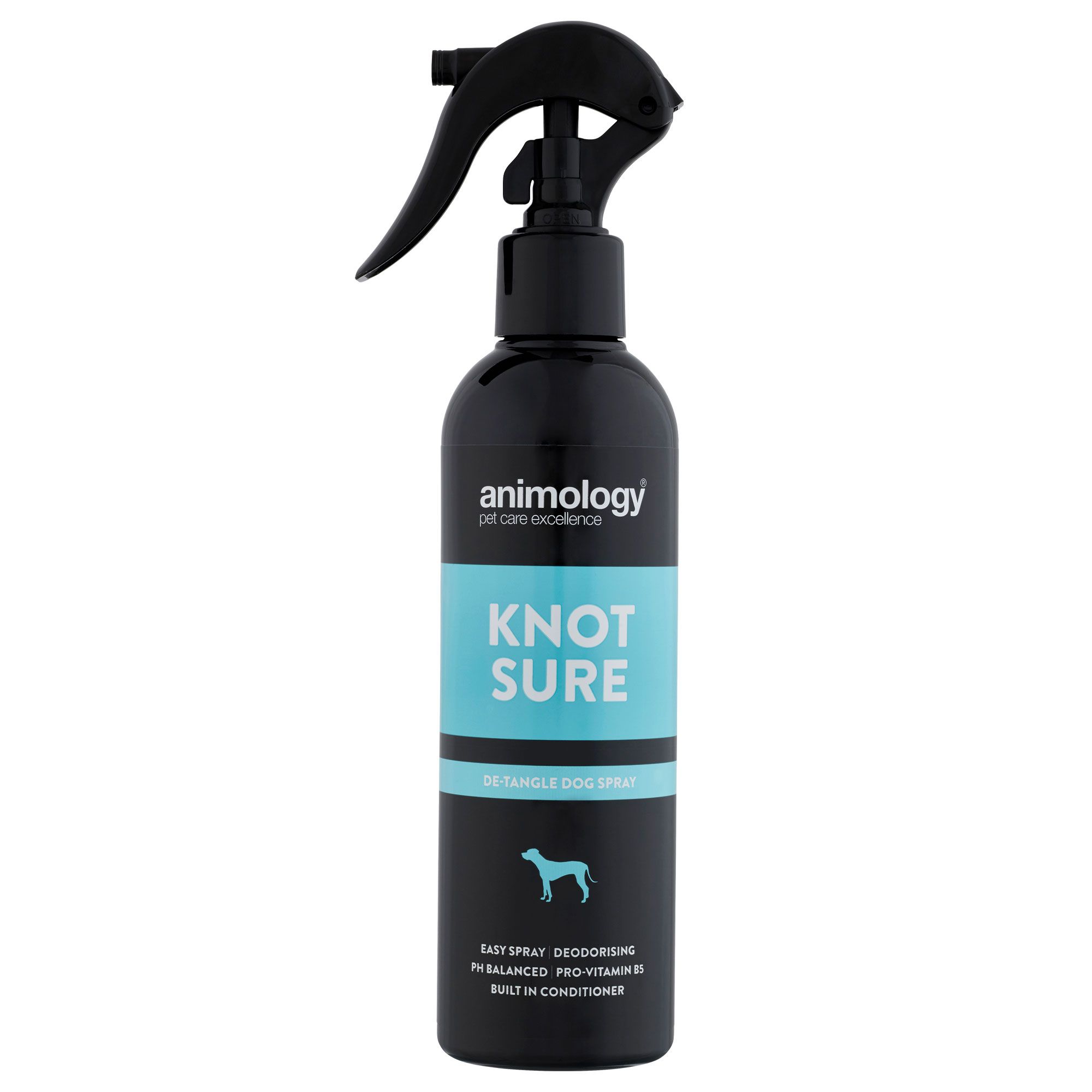 Schwarze Sprühflasche mit blauem Etikett. Text: Knot Sure, Detangle Dog Spray. Logo: Hund.