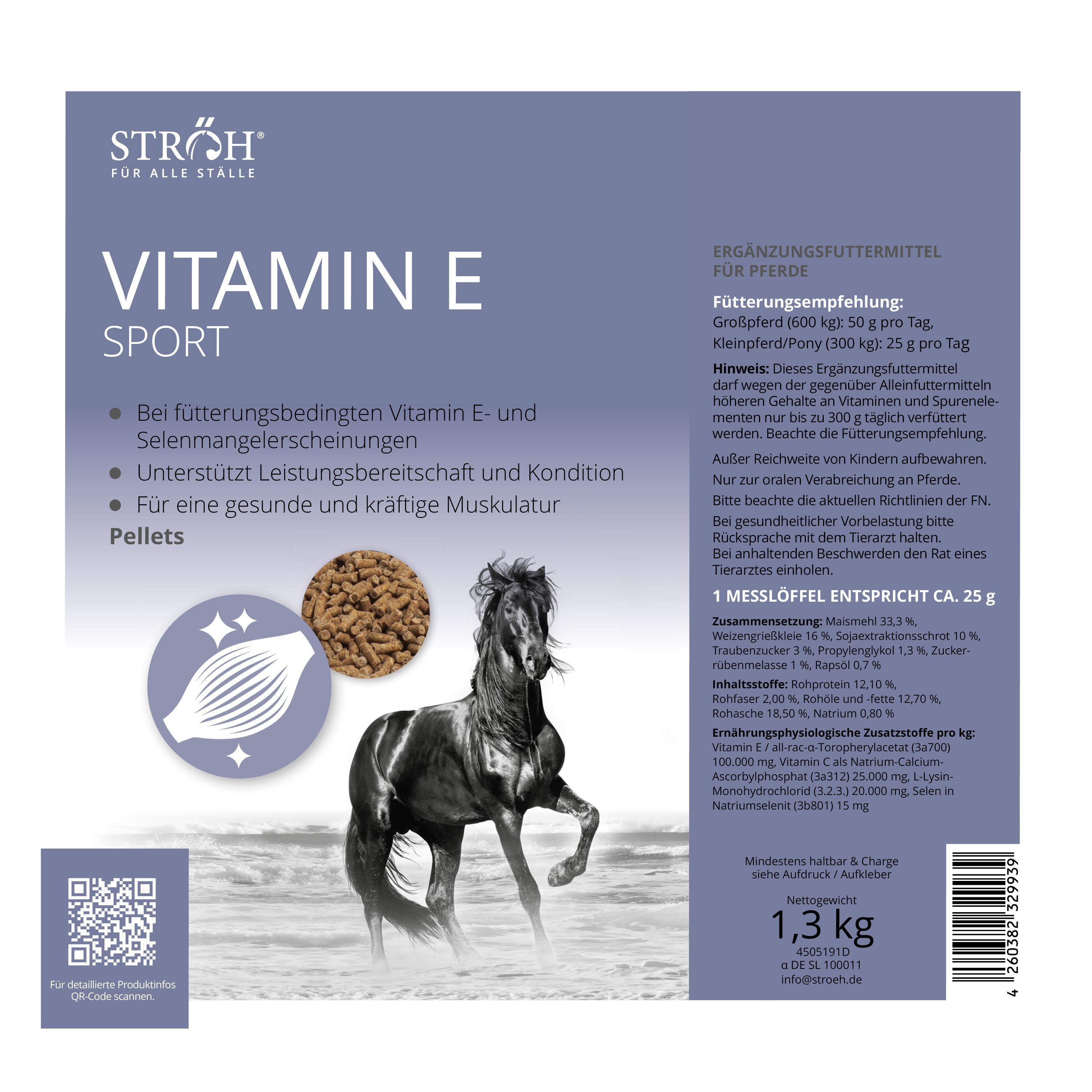Quadratische Verpackung mit "STRÖH Vitamin E SPORT". Pferd-Illustration. Text: "Pellets". Text: "1,3 kg".
