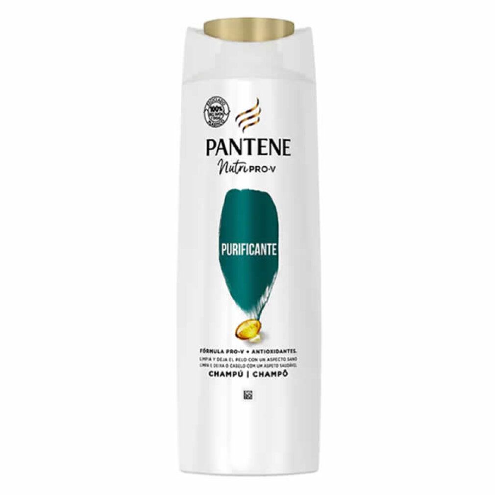Weißes Shampoo mit goldfarbenem Deckel. Aufschrift PANTENE, darunter ein grüner Farbfleck und der Schriftzug PURIFICANTE.