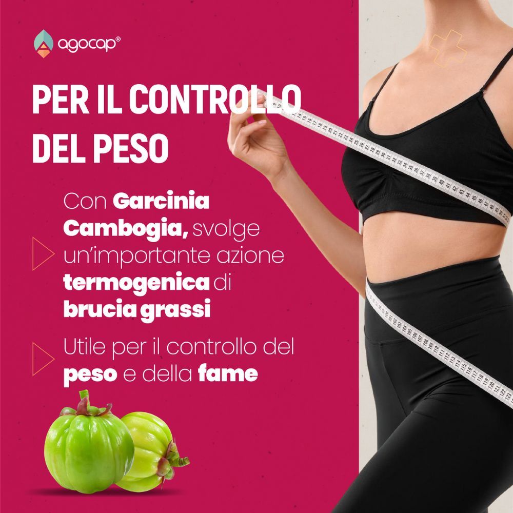 Donna con metro a nastro. Testo: Garcinia Cambogia per bruciare i grassi e controllare l'appetito. Frutti verdi.