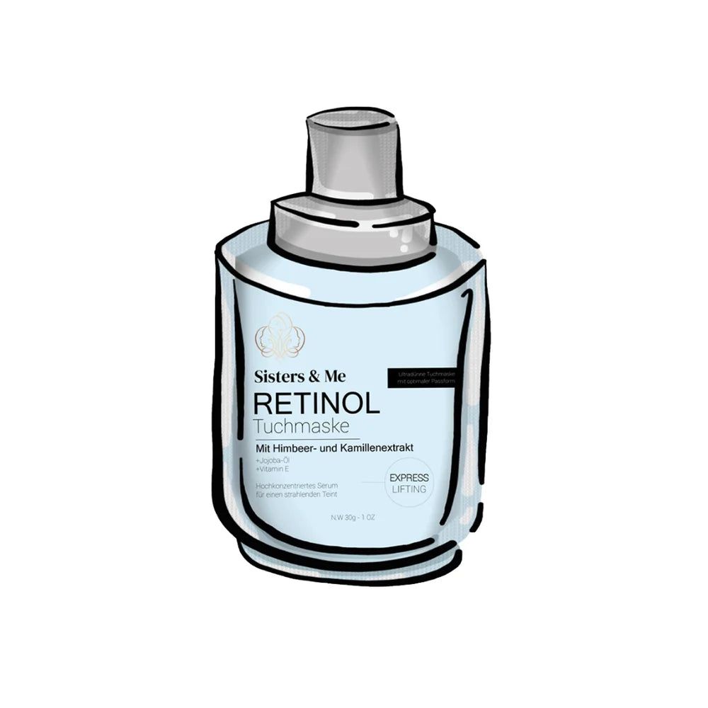 Abbildung einer Retinol Tuchmaske. Hellblaue Verpackung mit Produktnamen und Inhaltsstoffen. Grauer Deckel.