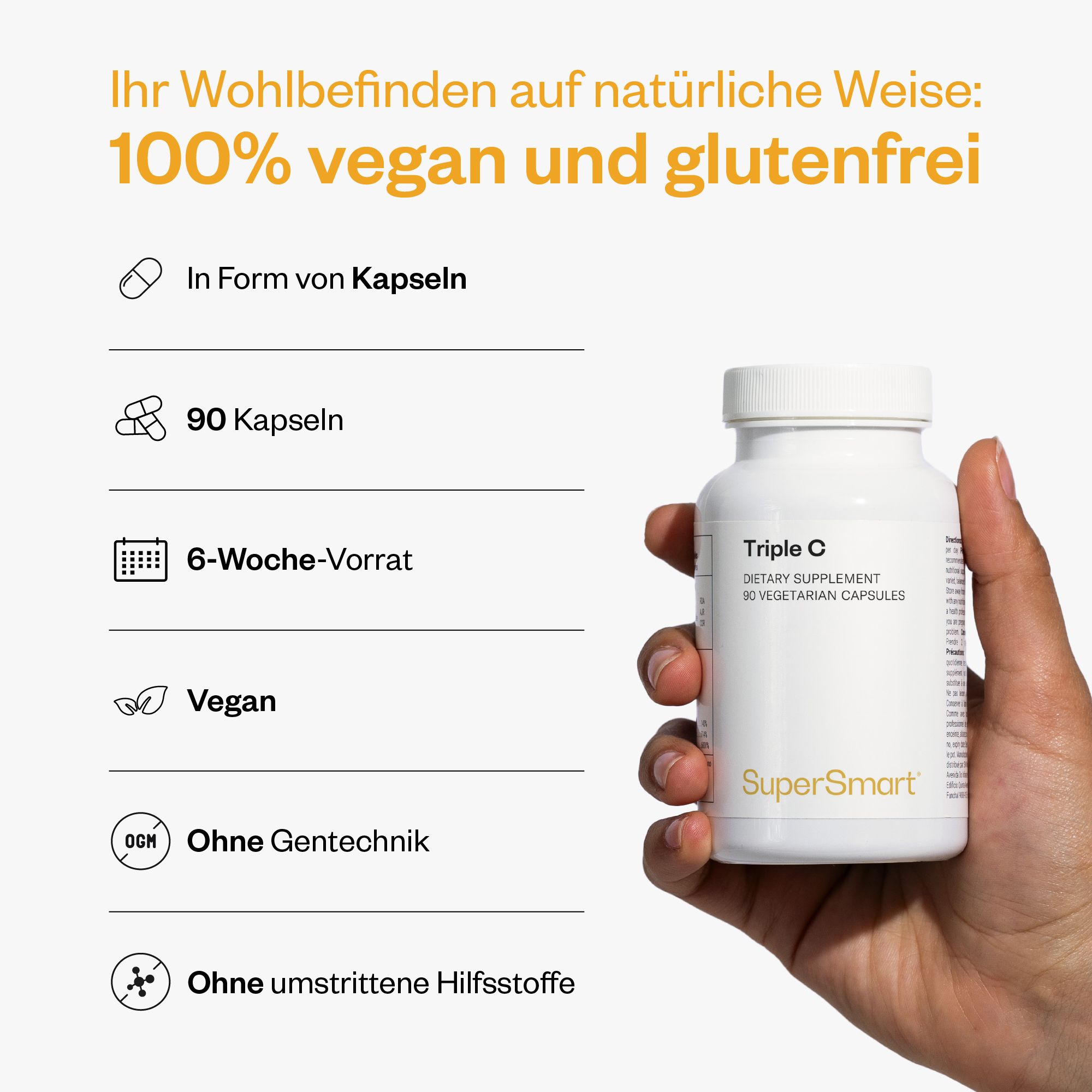 Weiße Flasche Triple C mit 90 Kapseln. Vegan, glutenfrei, ohne Gentechnik und umstrittene Hilfsstoffe. SuperSmart Logo.