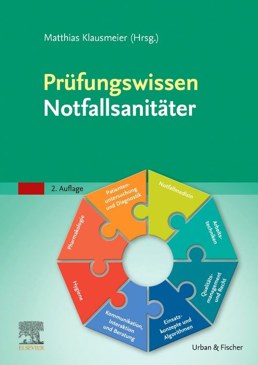 Buchcover: Prüfungswissen Notfallsanitäter. Titel in Gelb auf grünem Hintergrund. Sechseckiges Puzzle mit Fachgebieten. Verlag Urban & Fischer.