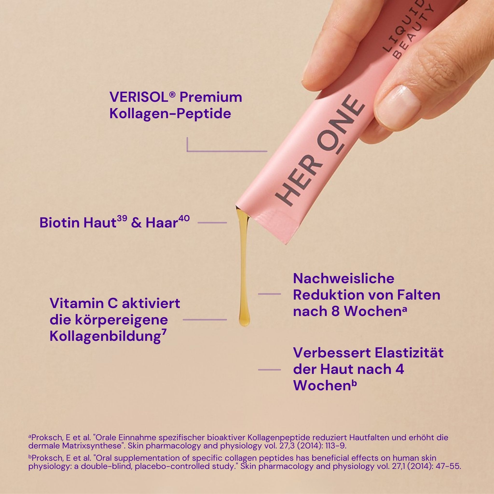 Hand hält einen HER ONE Stick. Text: VERISOL Kollagen-Peptide, Vitamin C, Biotin. Gelbe Flüssigkeit fließt heraus.