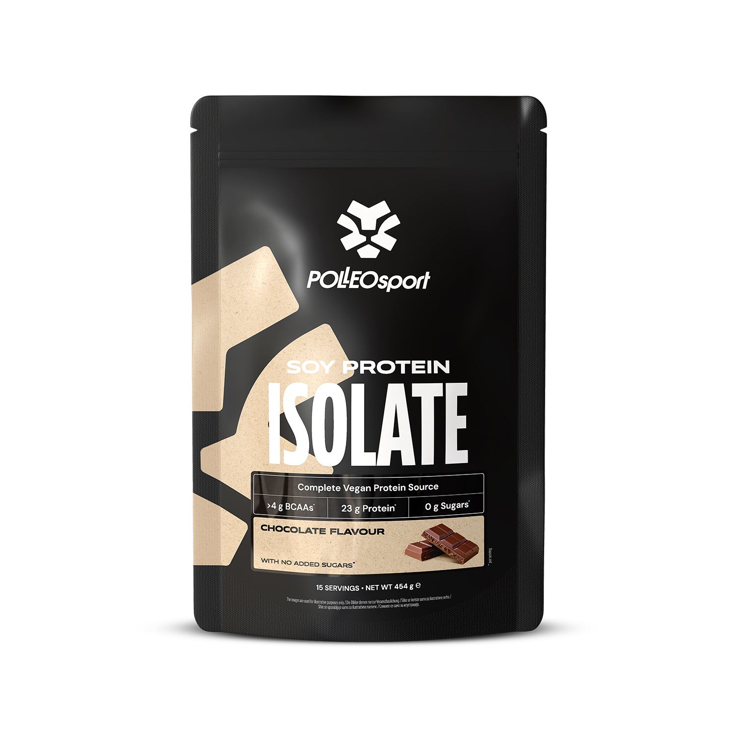 Schwarzer Beutel PolleoSport Me:First Soy Protein Isolate. Schokoladen-Geschmack. Aufschrift: Complete Vegan Protein Source. Ohne Zuckerzusatz.