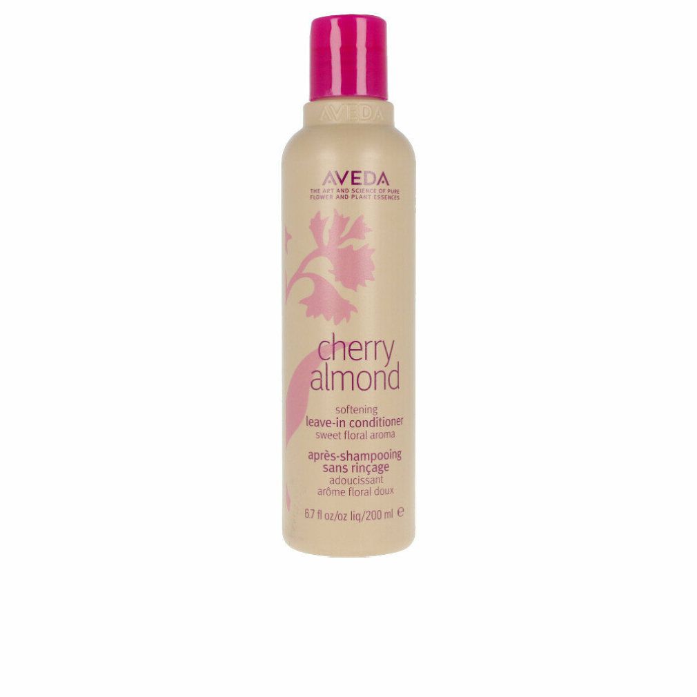 Beige Flasche mit pinkfarbenem Deckel. Aufschrift: Aveda, Cherry Almond, Leave-in Conditioner. Floral-Design.