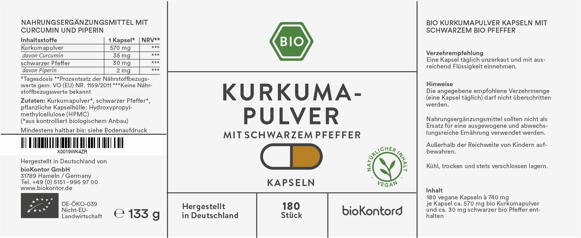 Etikett mit Informationen zu Kurkuma Pulver Kapseln mit schwarzem Pfeffer. Enthält Nährwertangaben, Inhaltsstoffe, Herstellerinformationen und Bio-Siegel.