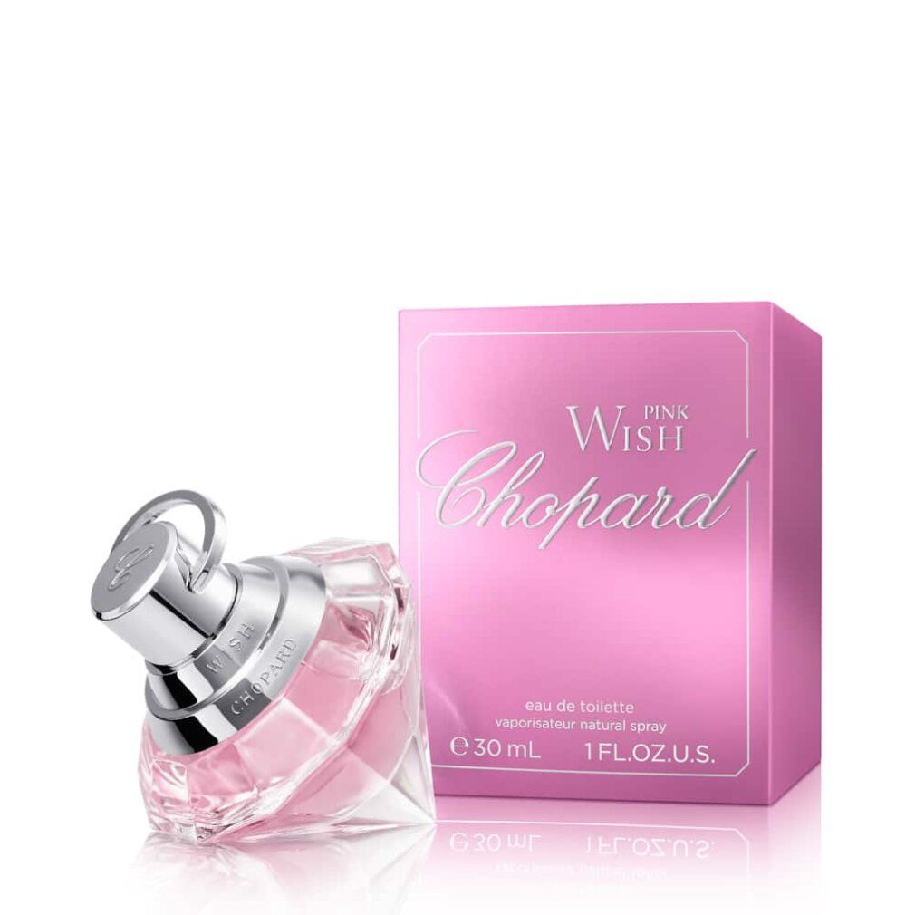 Chopard Pink Wish Eau de Parfum Flakon und rosa Verpackung, 30 ml, auf weißem Hintergrund.