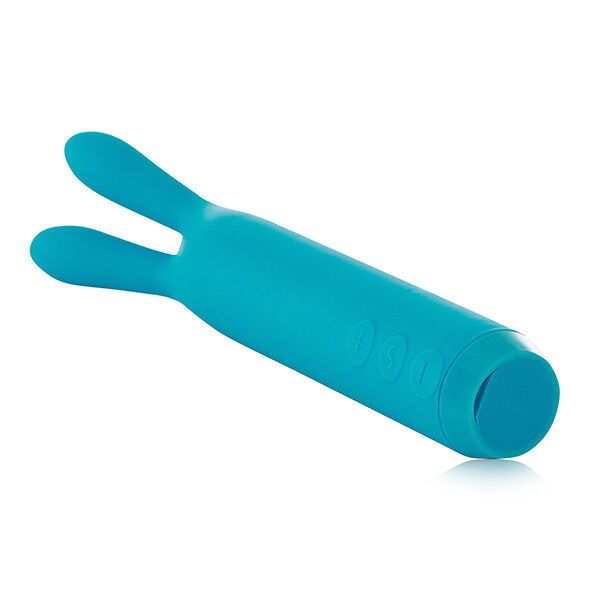 Blauer Vibrator mit Hasenohren. Drei Knöpfe. Abgewinkelt.