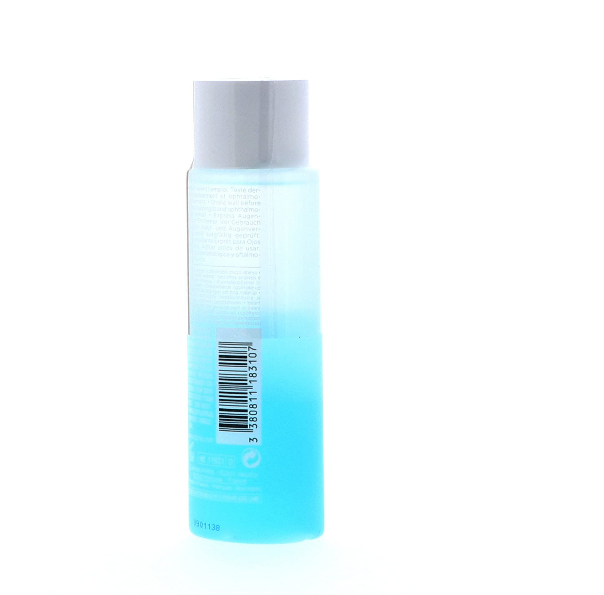 Klarin Instant Eye Make-Up Remover. Flasche mit blauem Inhalt und weißem Deckel. Barcode und Text auf der Rückseite.
