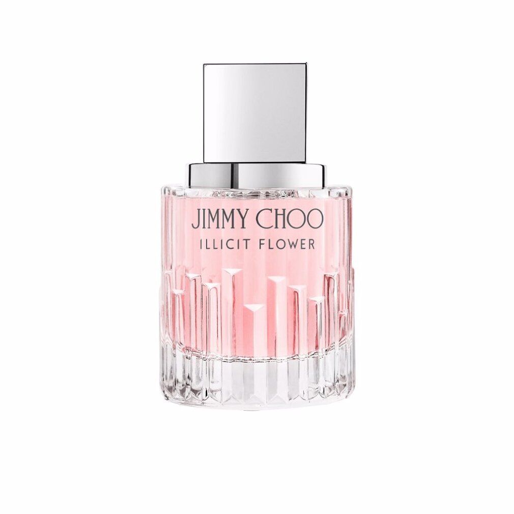 Jimmy Choo Illicit Flower Eau de Toilette Spray. Rosa Flüssigkeit im Glasflakon. Silberner Deckel. Text: Jimmy Choo, Illicit Flower.