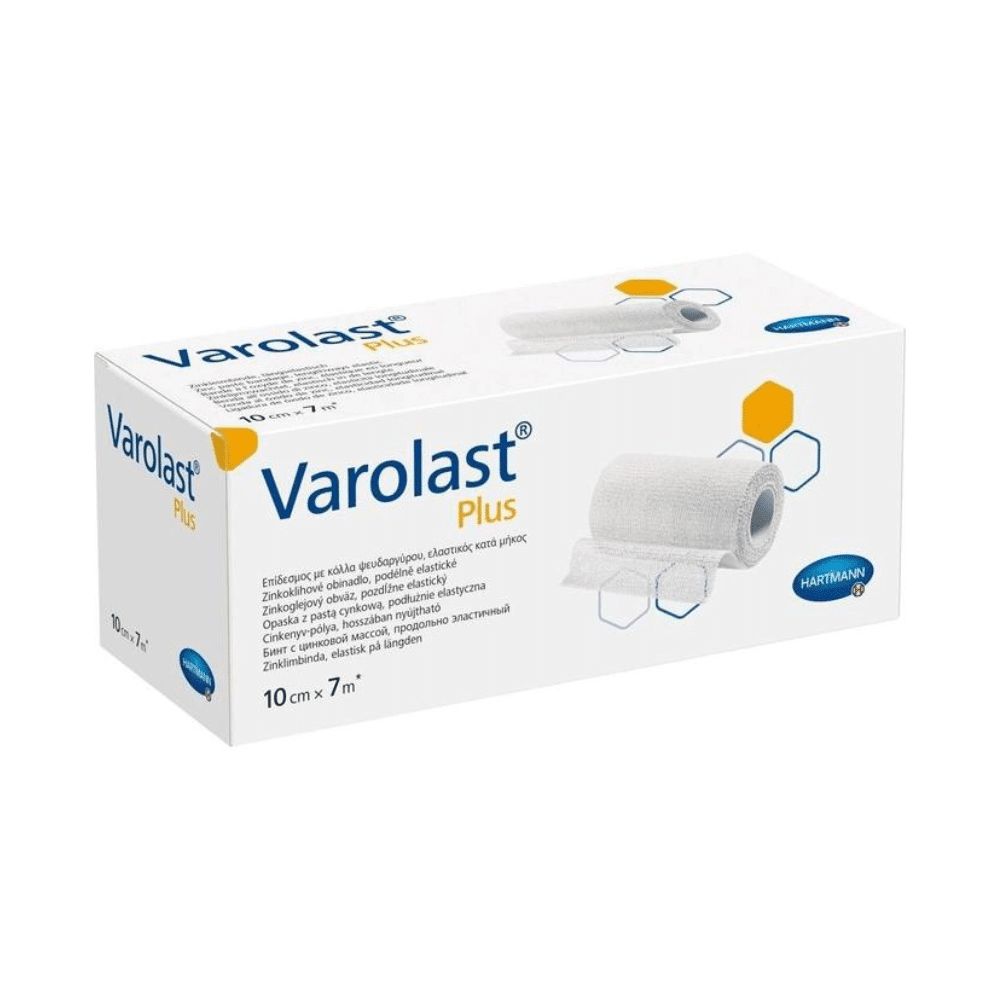 Verpackung von Varolast Plus Zinkleimbinde. Weißer Karton mit Produktabbildung und Schriftzug. Größe: 10cm x 7m. Marke: Hartmann.