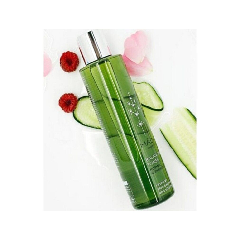 Grüne Flasche mit silbernem Deckel. Aufschrift: MÁDARA, Balancing Toner. Mit Himbeeren und Gurke.