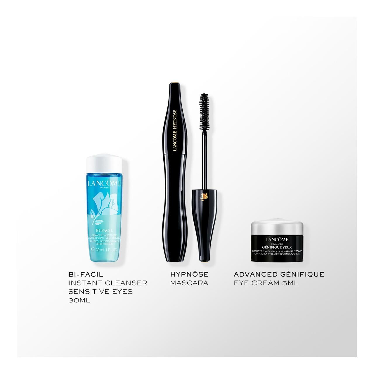 Schwarze Hypnôse Mascara, Bi-Facil Augen-Make-up Entferner und Advanced Génifique Augencreme. Produkte auf weißem Hintergrund.