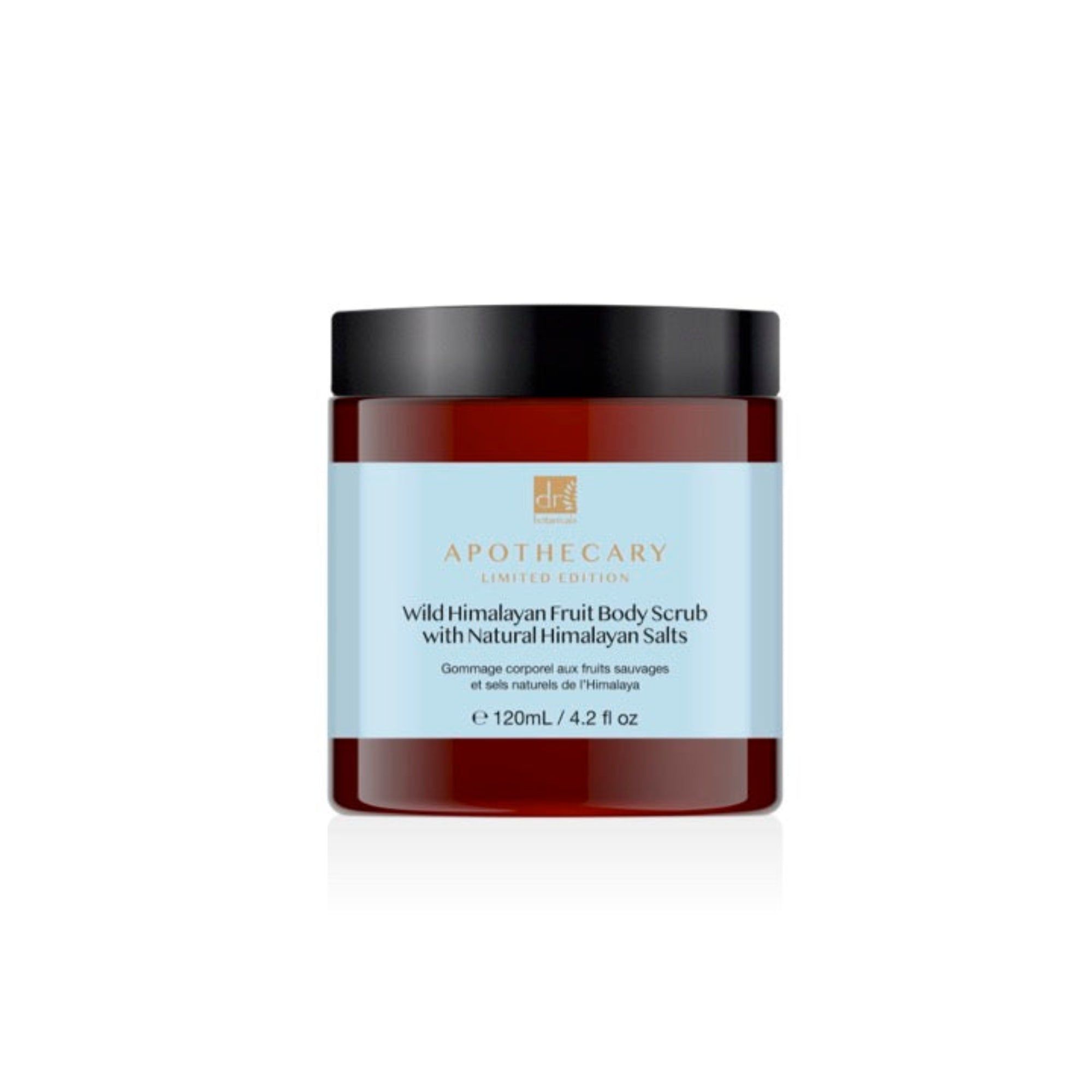 Braune Dose mit schwarzem Deckel. Aufschrift: Wild Himalayan Fruit Body Scrub mit natürlichen Himalaya-Salzen.