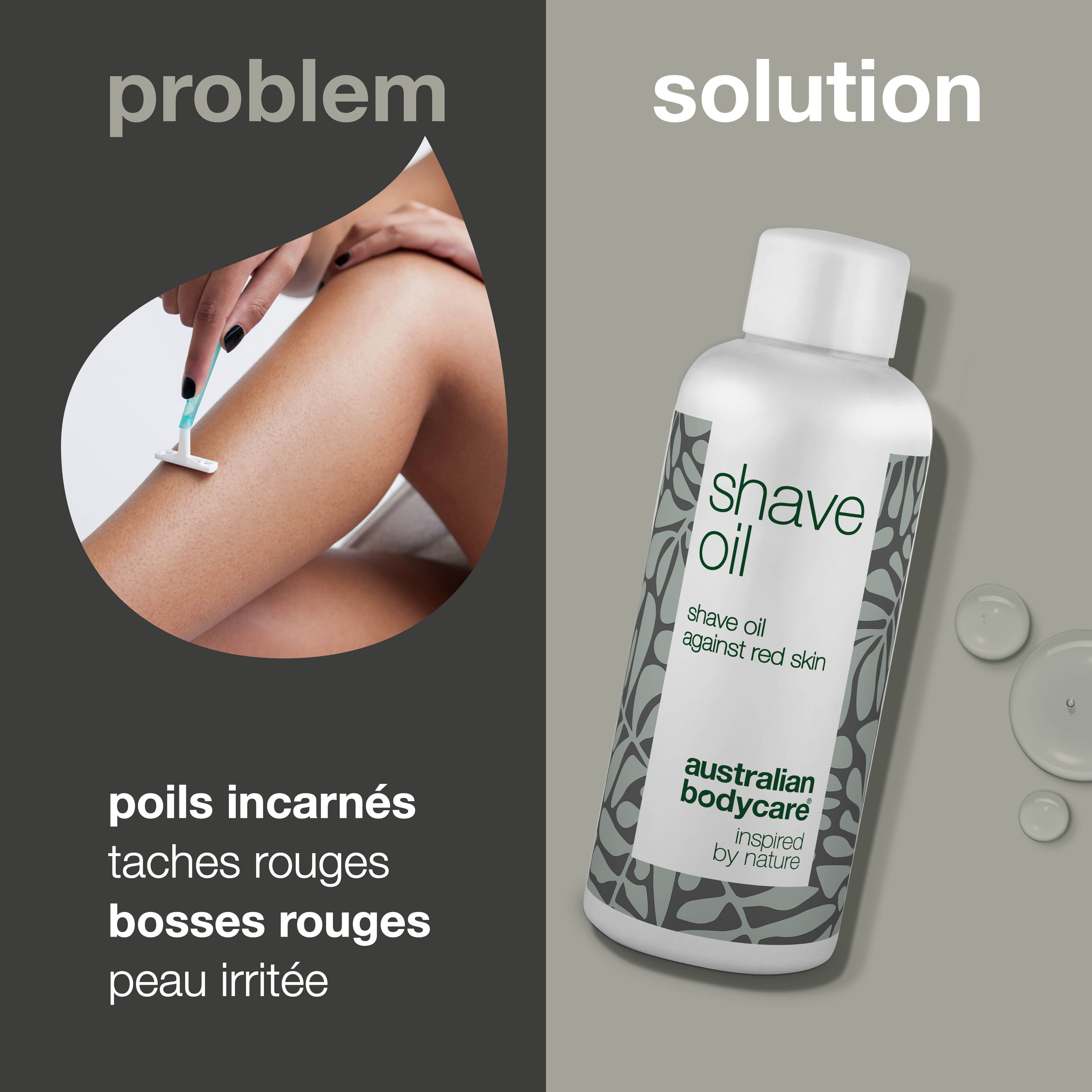 Jambe avec rasoir. Flacon « Shave Oil ». Texte : poils incarnés, rougeurs, boutons, peau irritée.