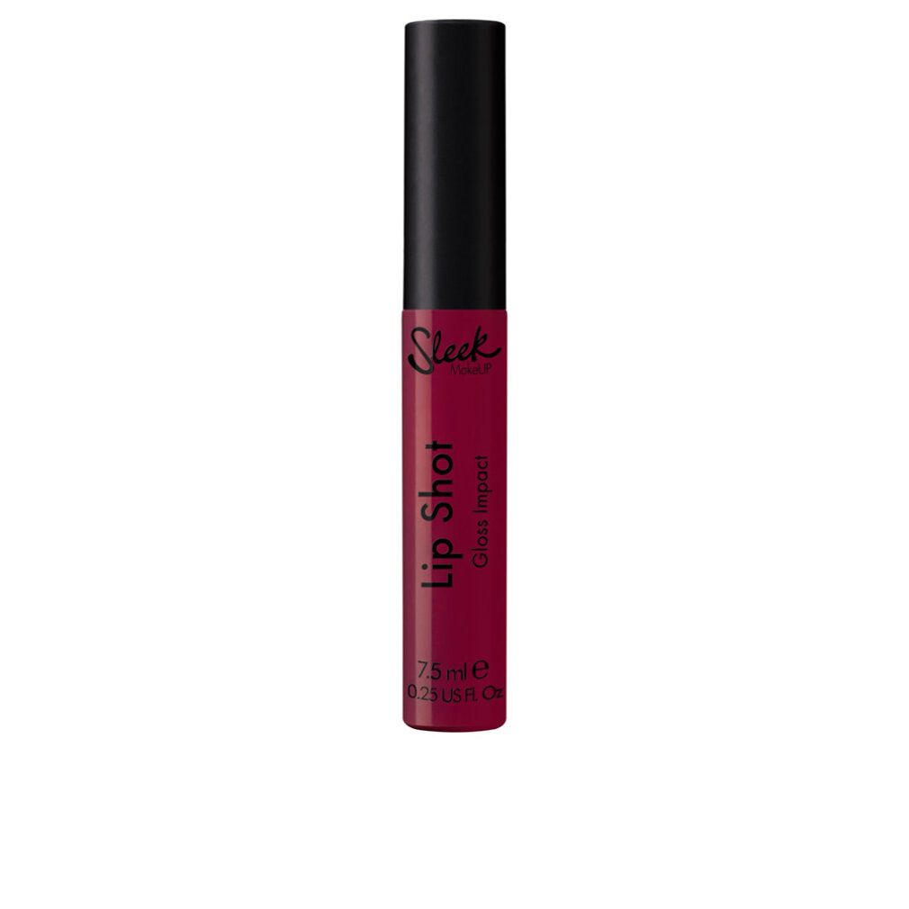 Lippen-Gloss-Tube mit schwarzem Deckel. Aufschrift: Sleek, Lip Shot, Gloss Impact. Farbe: Dunkelrot.