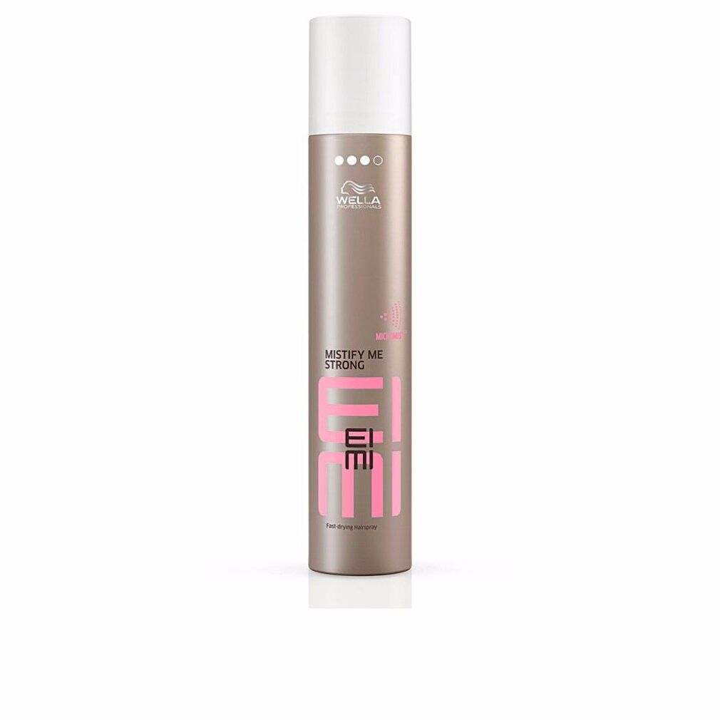 Haarspray-Dose, braun mit weißem Deckel. Aufschrift: EIMI, MISTIFY ME STRONG. Marke: Wella. Level 3.