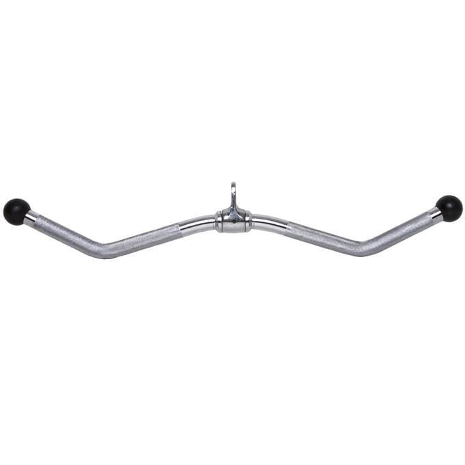 Gebogene Bizeps-Trizeps-Stange aus Metall mit gerändeltem Griff und schwarzen Endkugeln. Ein Öse zur Befestigung ist vorhanden.