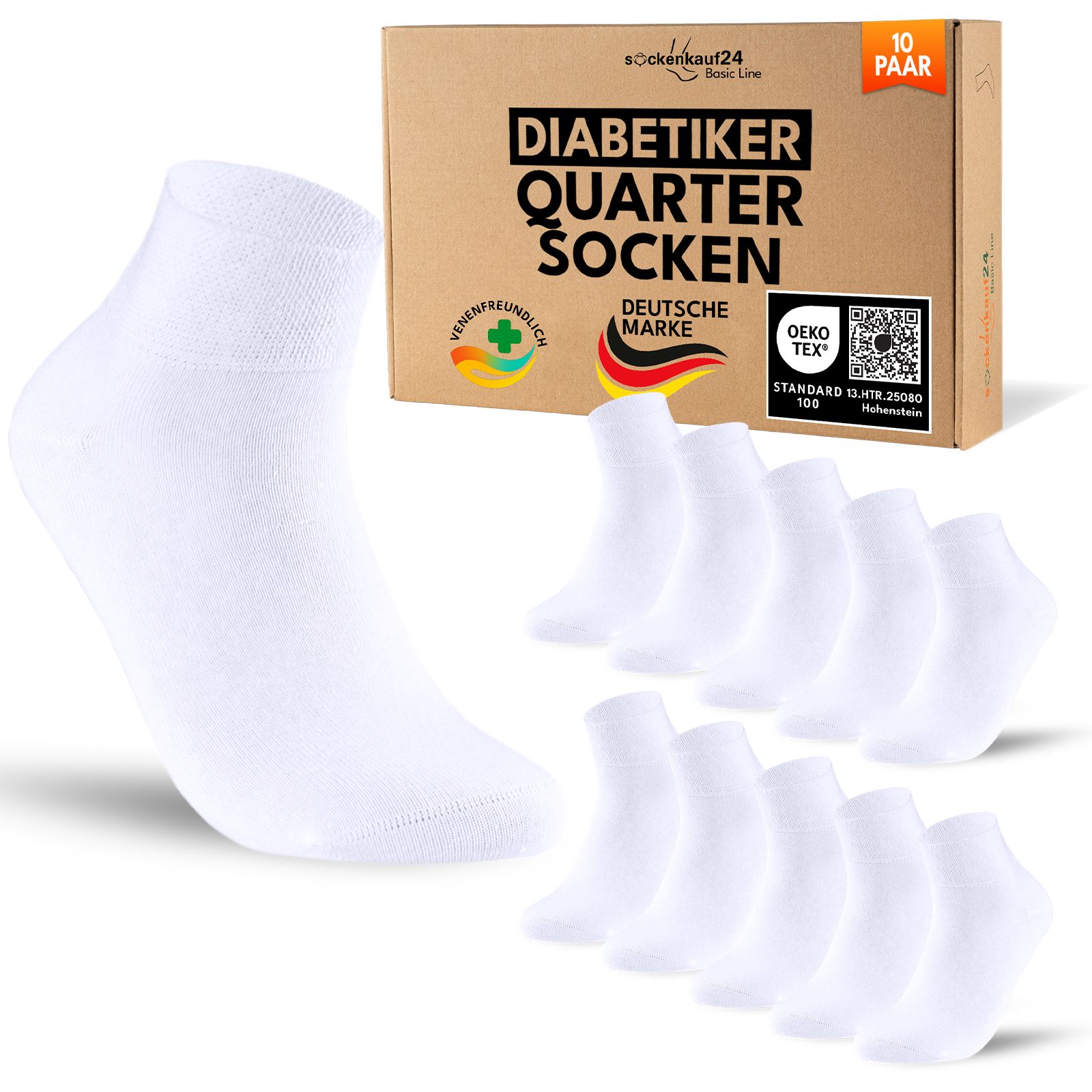 Diabetiker Quarter Socken mit Komfortbund ohne Gummi & Naht für Damen und Herren 10 Pk