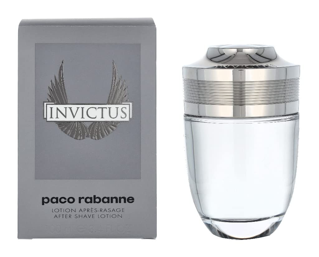 Graue Schachtel und Flakon. Auf der Schachtel steht "Invictus" und "paco rabanne". Der Flakon hat einen silbernen Deckel.