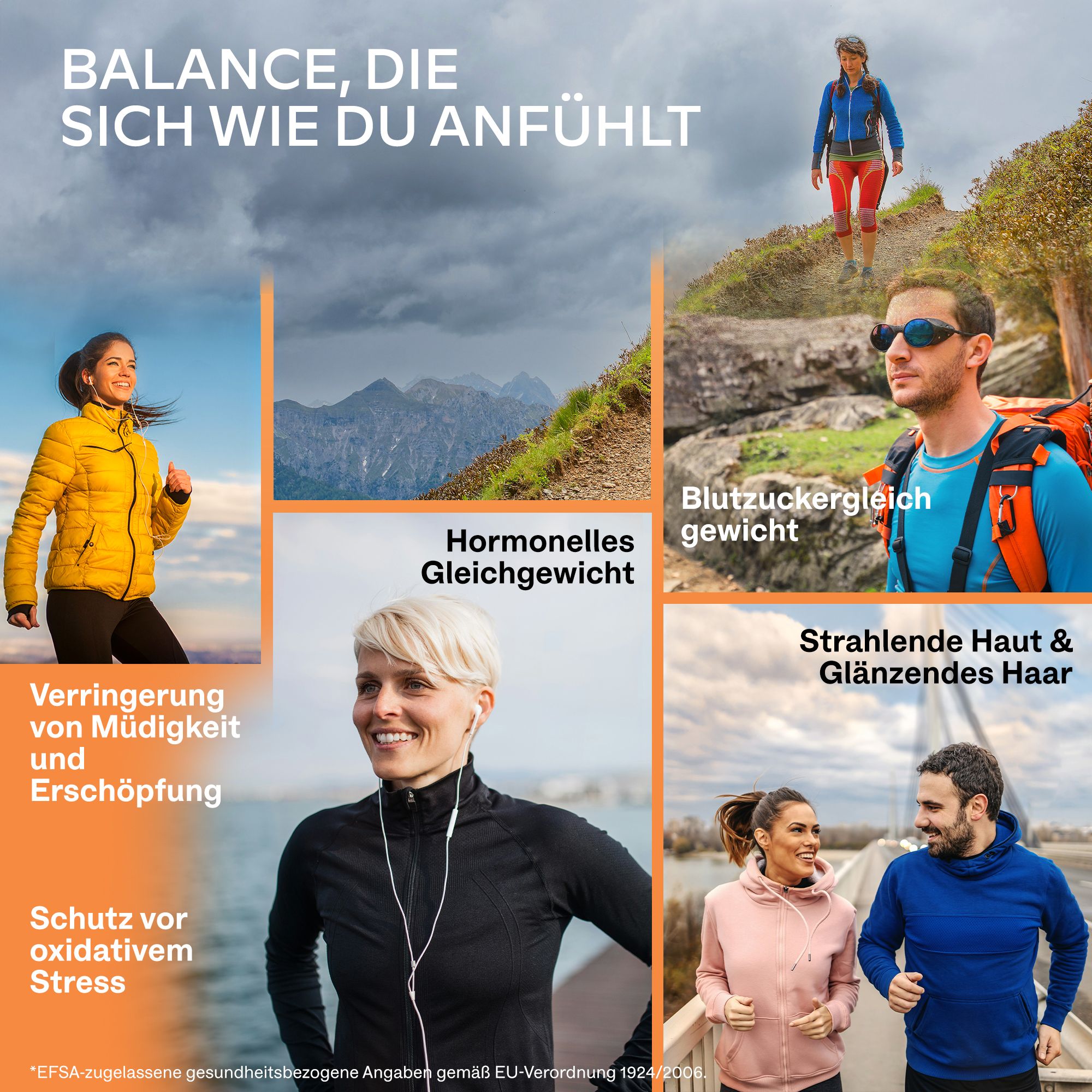 Menschen in verschiedenen Situationen. Text: Hormonelles Gleichgewicht, Schutz vor oxidativem Stress.