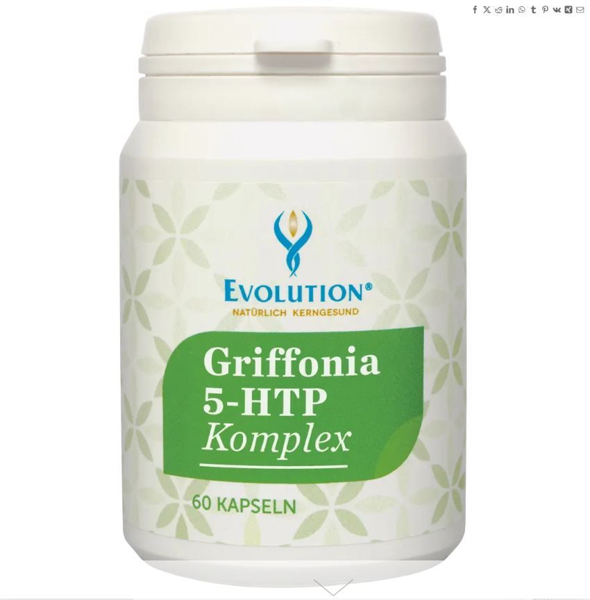 Weißes Kunststoff-Behälter mit Deckel. Aufschrift: Evolution, Griffonia 5-HTP Komplex, 60 Kapseln. Grünes Etikett mit Produktinformationen.