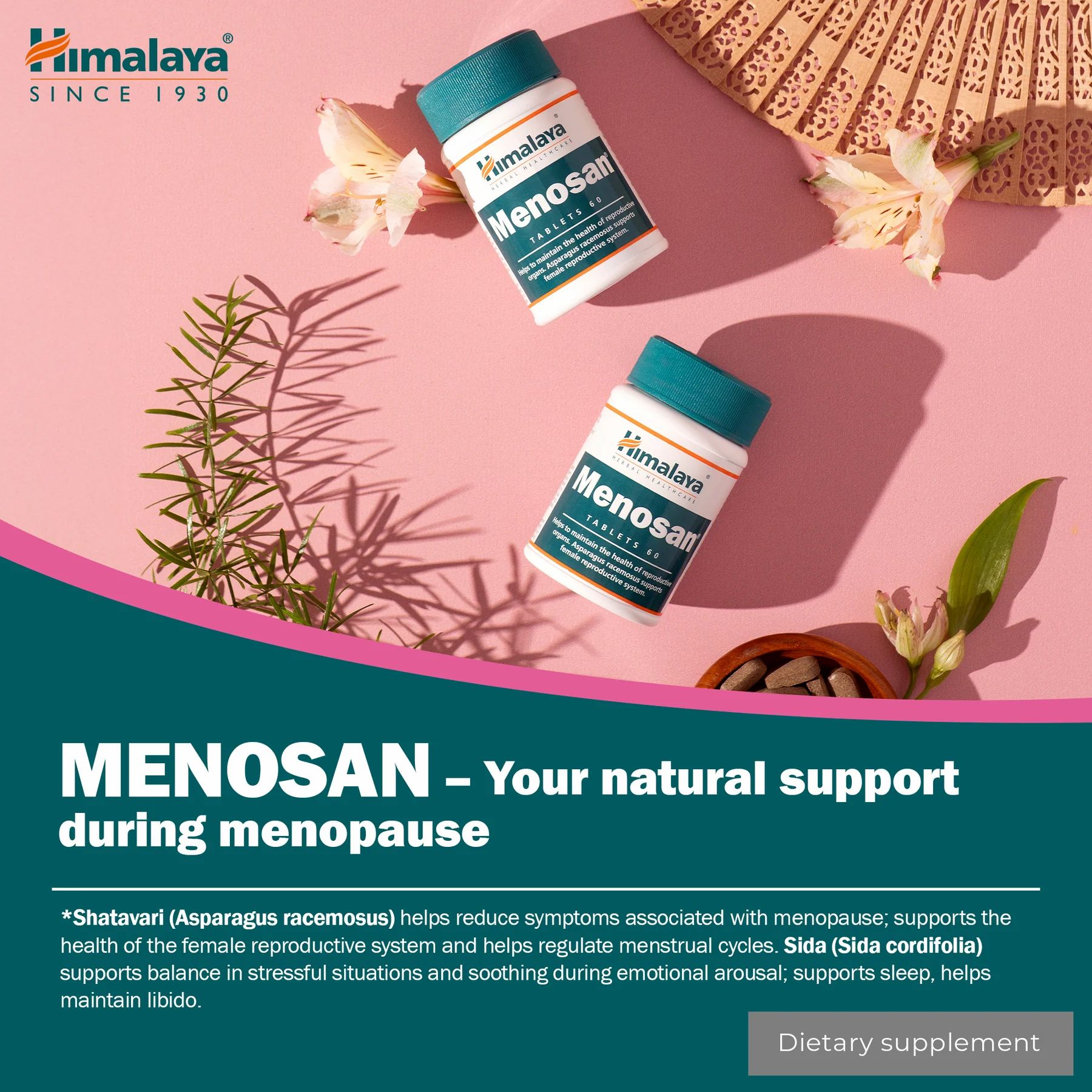 Zwei Menosan-Tablettenflaschen. Türkis-weiße Flaschen mit Produktnamen. Hintergrund: Blumen, Fächer. Text: Menosan - Ihre natürliche Unterstützung während der Menopause.