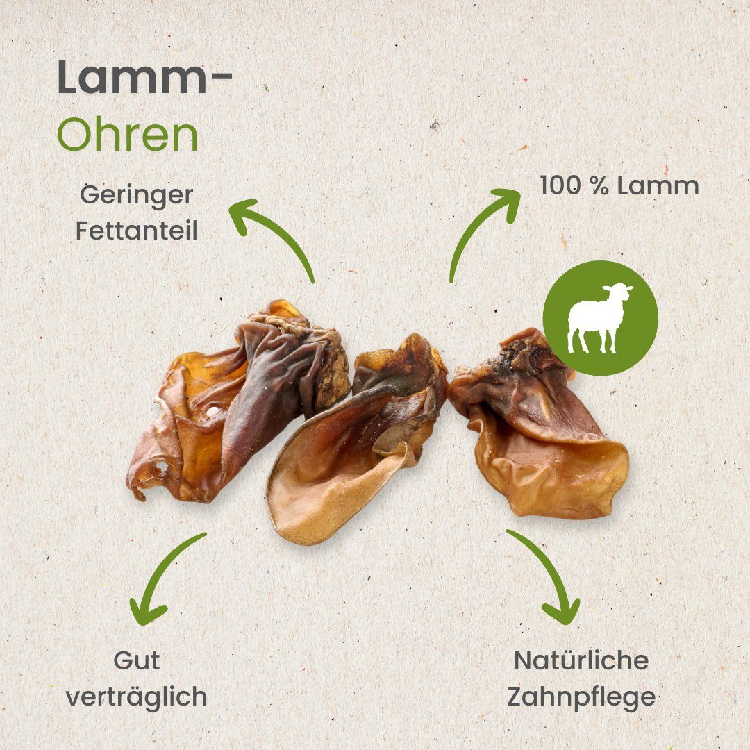 Drei getrocknete Lamm-Ohren für Hunde, mit Pfeilen, die auf ihre Eigenschaften hinweisen.