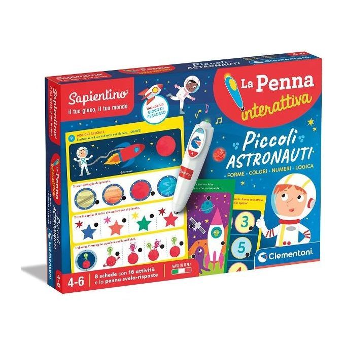 Confezione del giocattolo Clementoni Sapientino. Include penna interattiva e schede a tema spaziale.