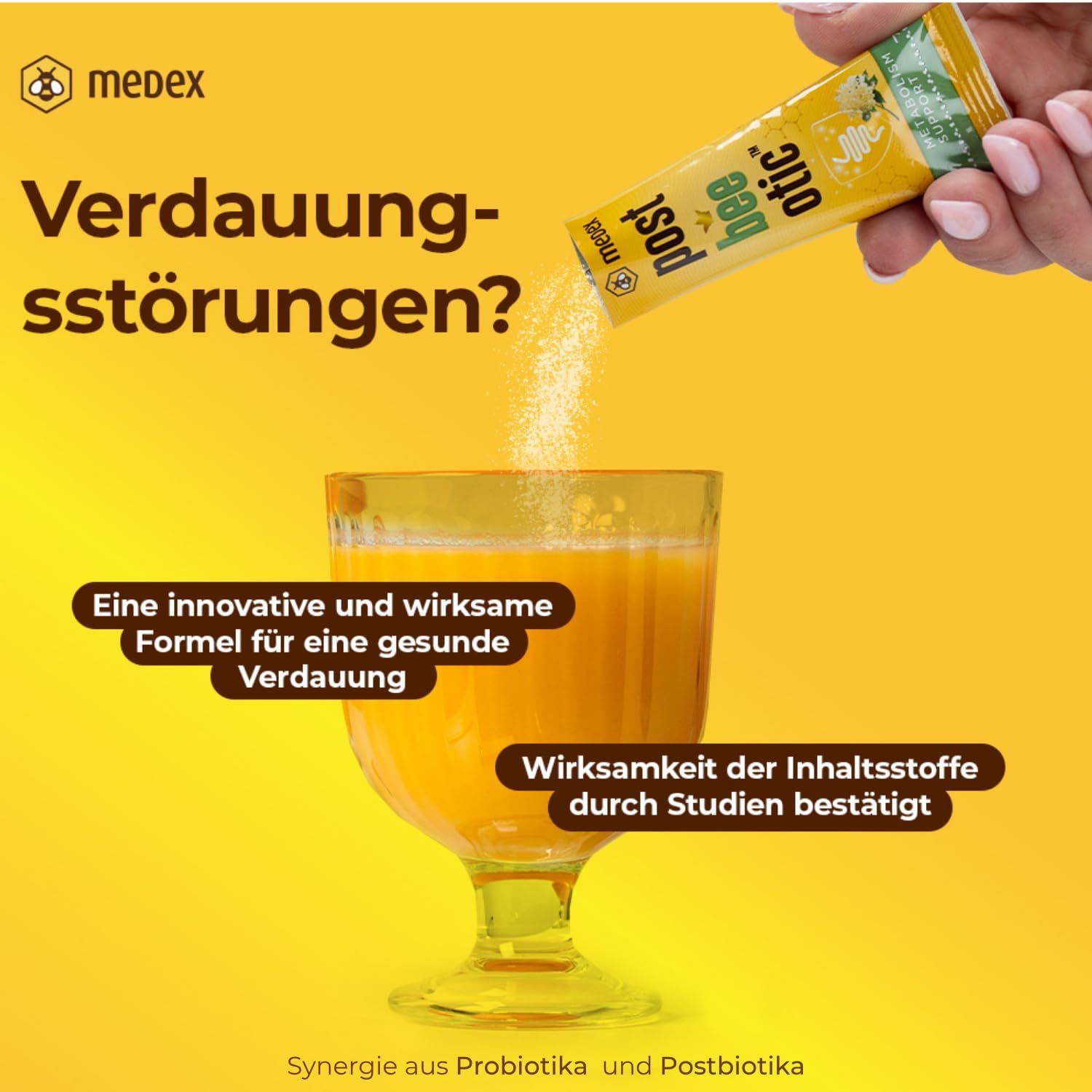 Gelbes Glas mit Getränk, daneben Medex Postbeeotic-Beutel. Text: Verdauungsstörungen? Eine innovative und wirksame Formel für eine gesunde Verdauung.
