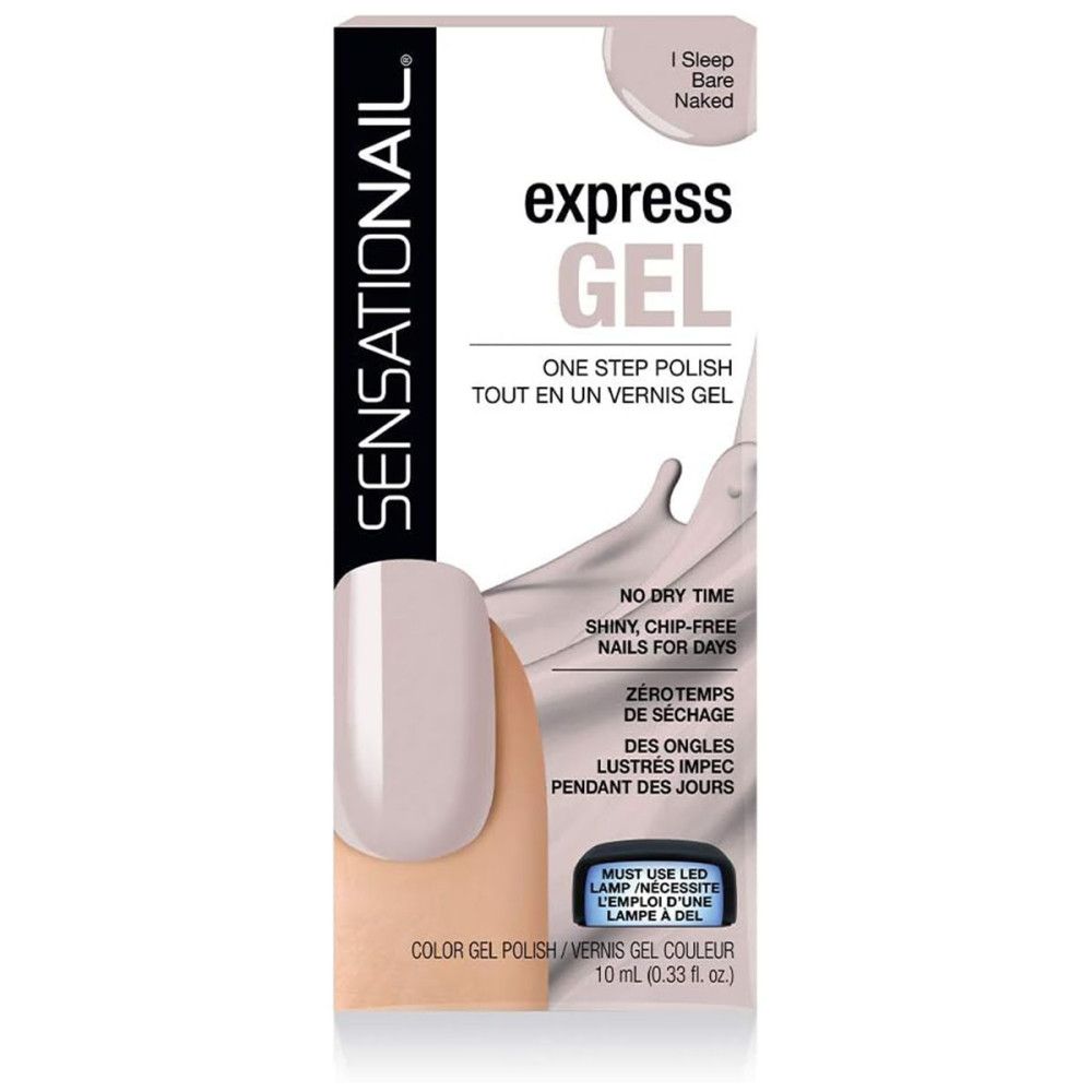 Verpackung von Sensationail Express-Gel-Nagellack in Hellgrau. Enthält Produktinformationen und eine Darstellung des Nagellacks auf einem Nagel.