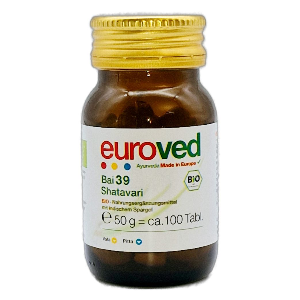 Braune Glasflasche mit goldfarbenem Deckel. Etikett mit "euroved", "Bai 39 Shatavari" und Bio-Siegel. Inhalt: Tabletten.