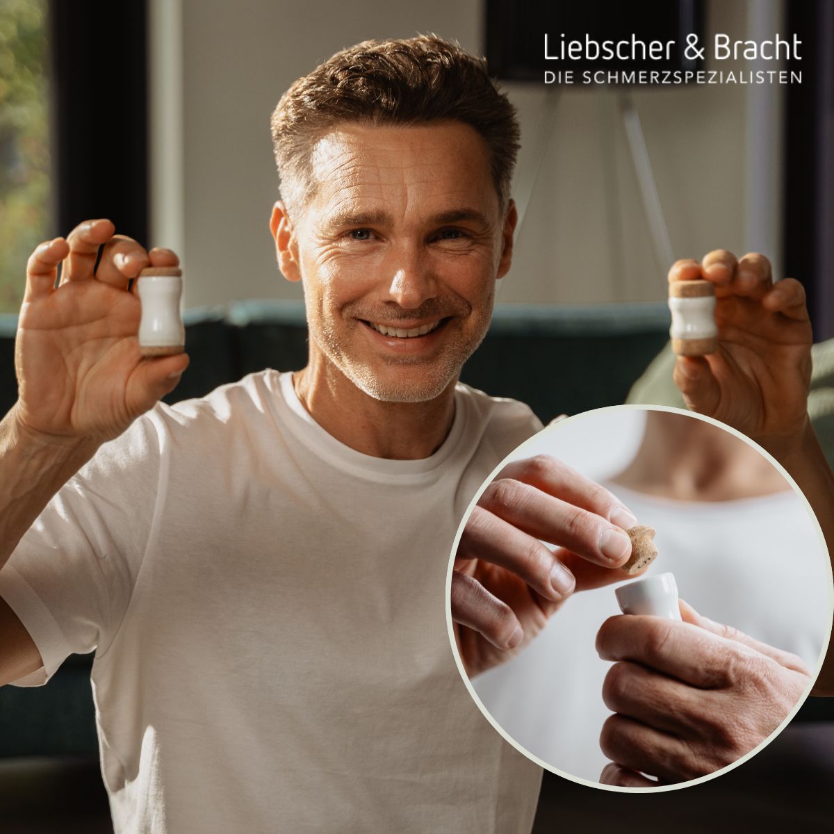 Mann hält zwei Liebscher & Bracht Kieferretter, Detailaufnahme zeigt Montage.