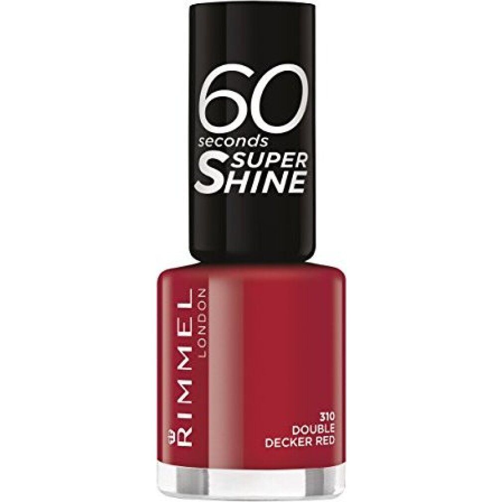Roter Nagellack von Rimmel London. Schwarzer Deckel mit weißer Schrift. Produktname und Farbtonbezeichnung sichtbar.