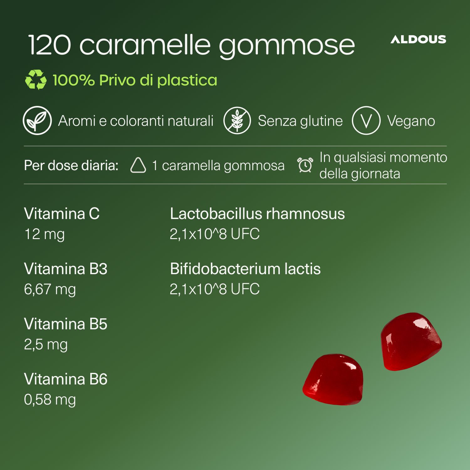 Aldous Probiotika Gummies: 120 Stück, 100% plastikfrei, natürliche Aromen, glutenfrei, vegan.