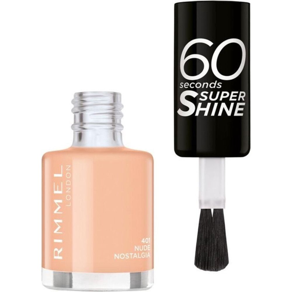 Nagellackflasche, geöffnet, mit Pinsel. Schwarzer Deckel mit Aufschrift: 60 Sekunden Super Shine. Farbe: Nude Nostalgia. Marke: Rimmel London.