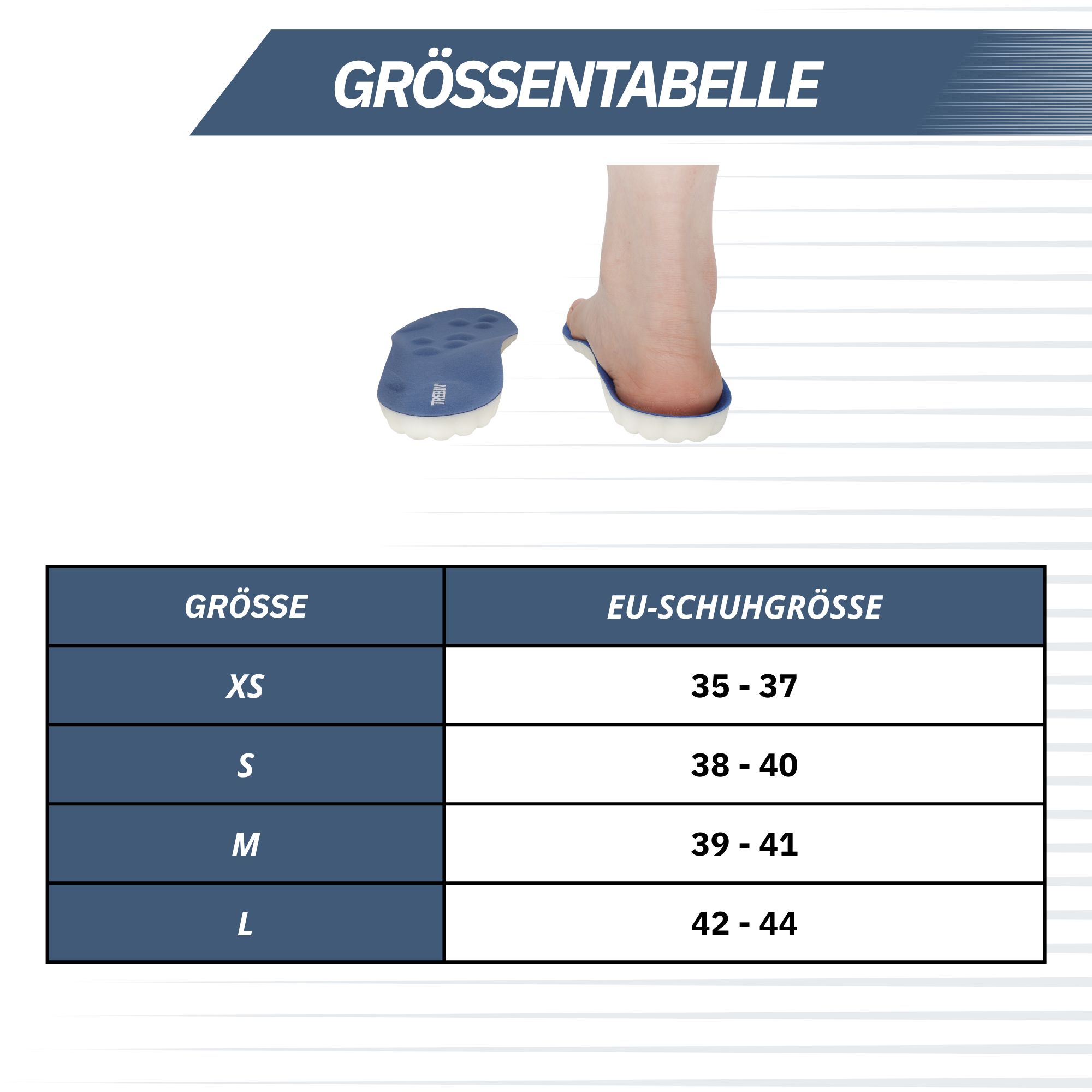 Einlegesohle mit ergonomischer Passform, maximaler Dämpfung, Komfort beim Stehen, zuschneidbar und natürliche Haltung. Aufschrift 'TREBIN'.