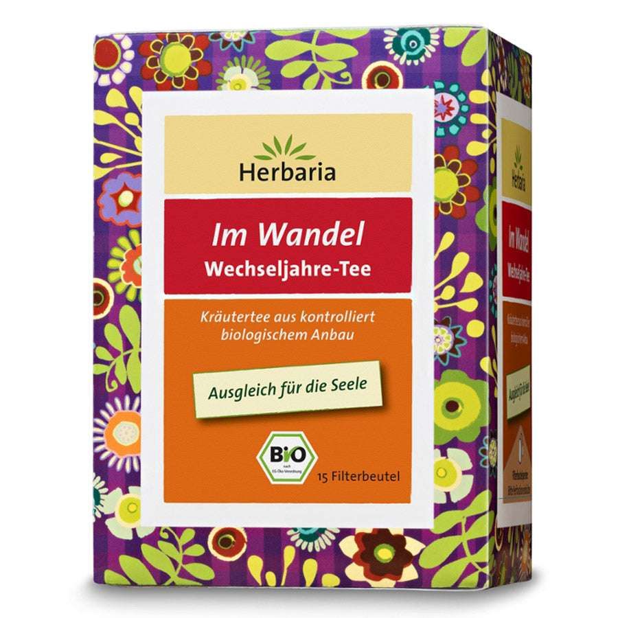 Verpackung von Kräutertee. Aufschrift: Herbaria, Im Wandel Wechseljahre-Tee, Bio-Siegel. 15 Filterbeutel.