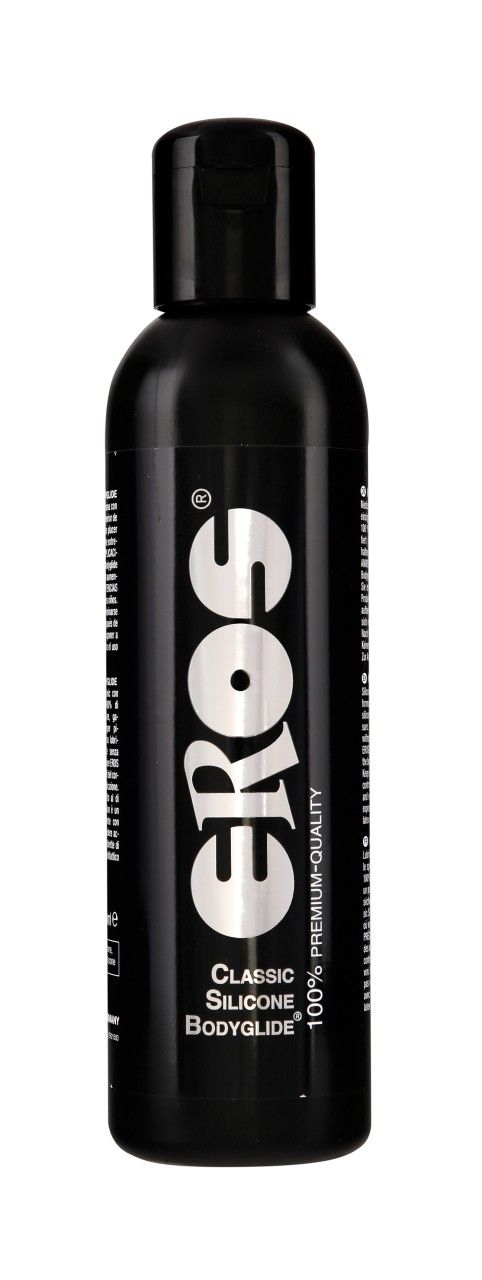 Schwarze Flasche mit schwarzem Deckel. Aufschrift: EROS, Classic Silicone Bodyglide, 100% Premium-Quality.