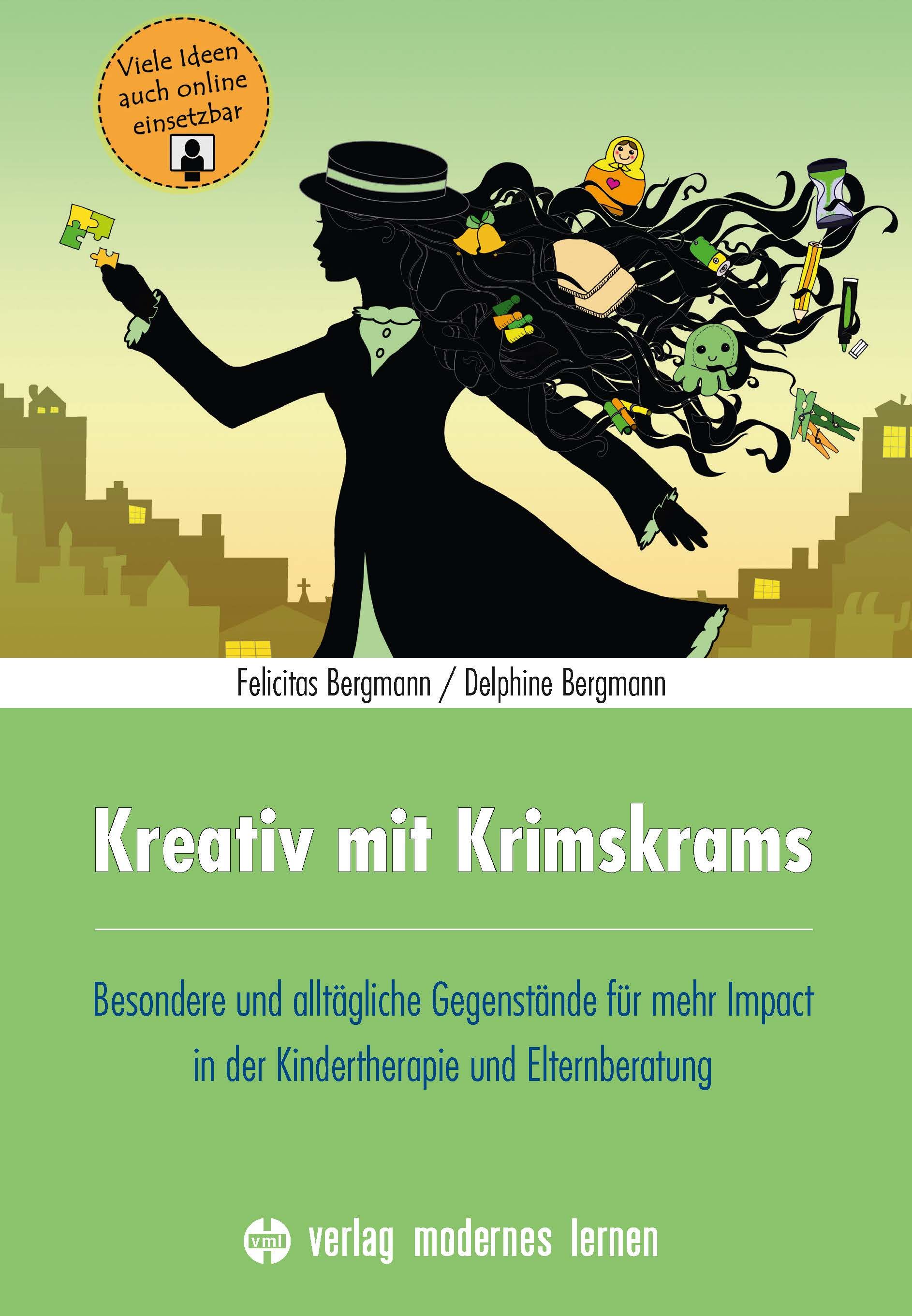 Buchcover mit Silhouette einer Frau mit Hut. Titel: Kreativ mit Krimskrams. Untertitel und Verlagslogo unten.
