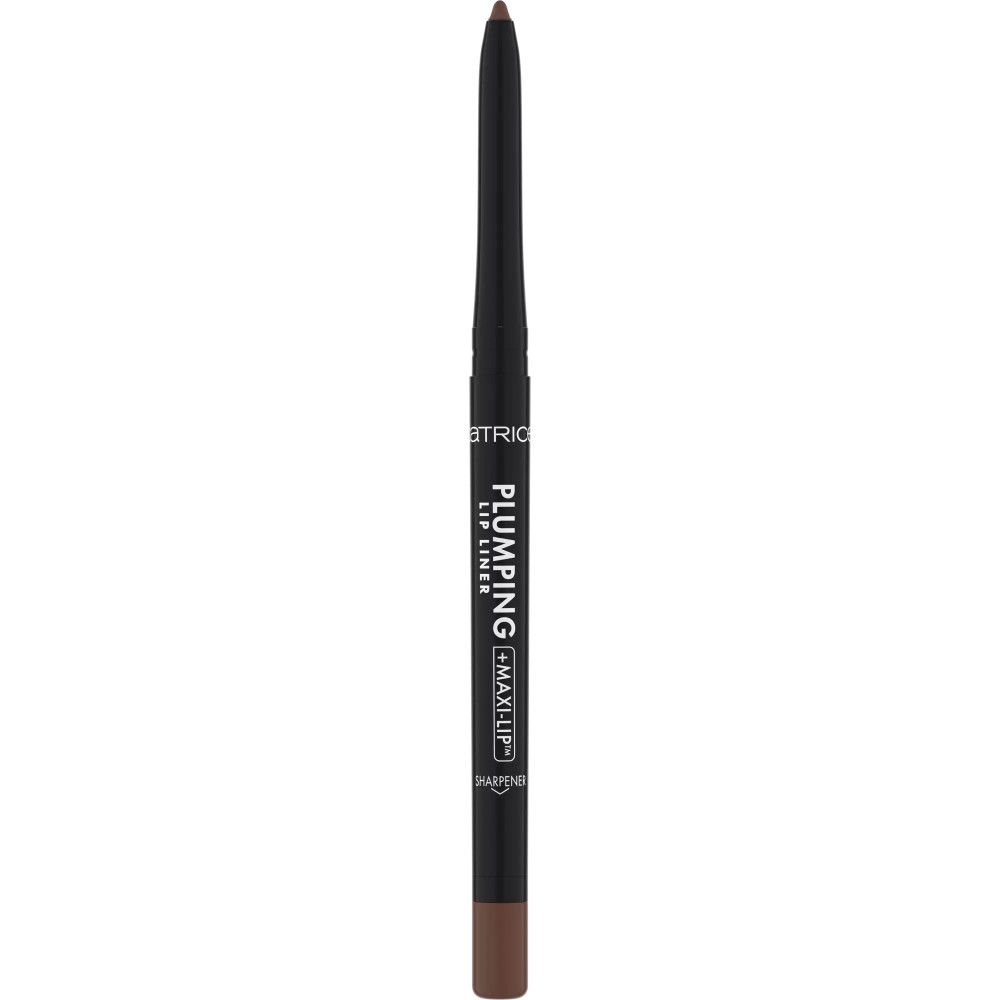 Brauner Lipliner mit schwarzem Stift. Aufschrift: PLUMPING + MAXI LIP. Marke: CATRICE. Spitzer.