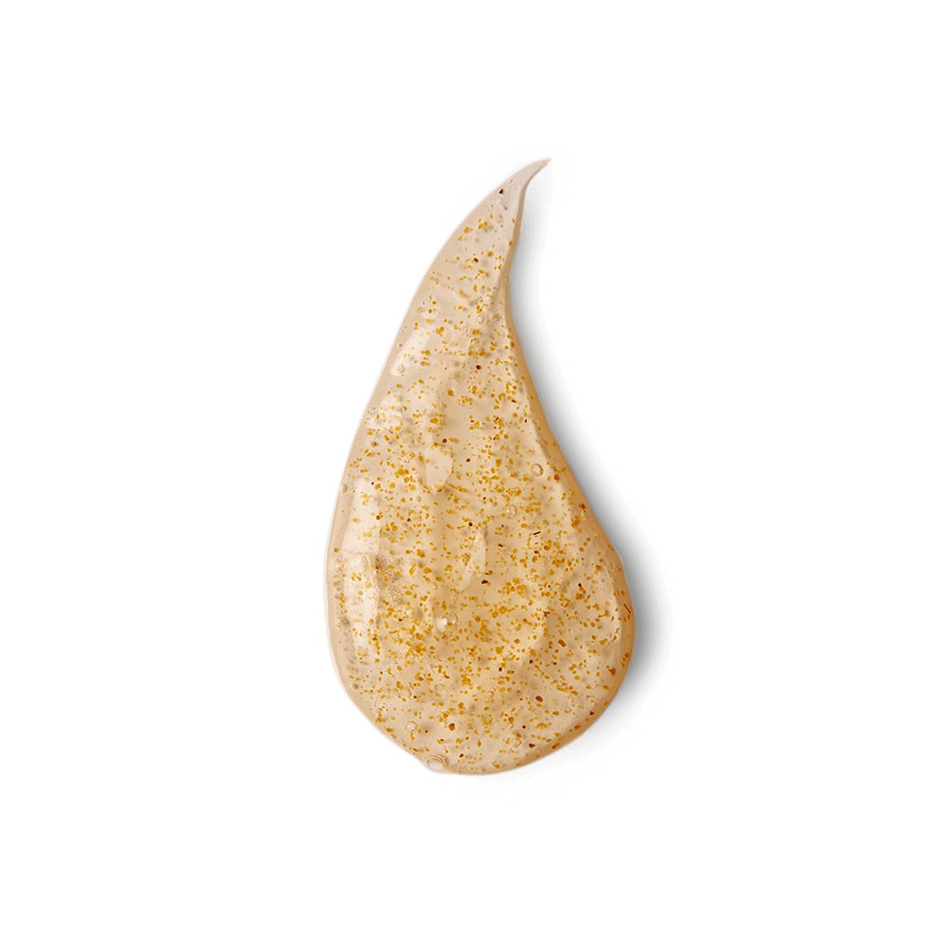 Tropfen goldfarbenes, exfolierendes Gel. Enthält goldfarbene Partikel. Auf weißem Hintergrund.