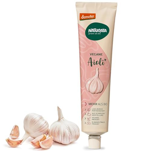 Naturata Vegane Aioli Tube mit Knoblauchzehen. Demeter- und Naturata-Logo.